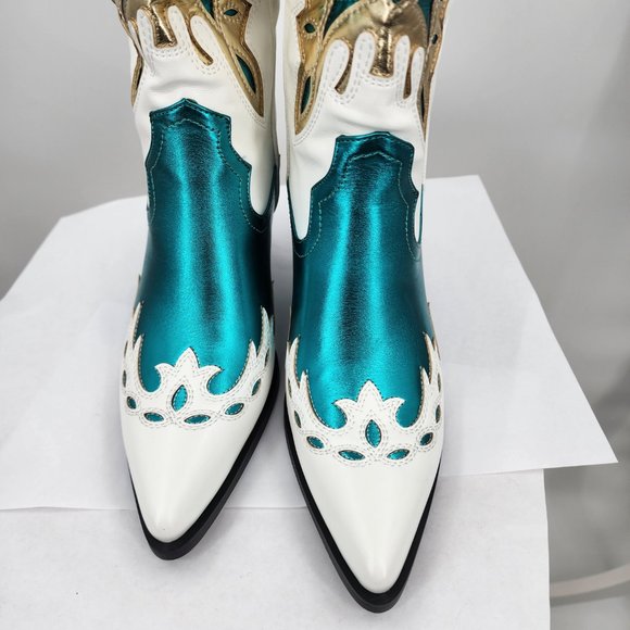 AZALEA WANG Apolline White Tall Cowboy Boots Turquoise & Gold Accents 6-10 NIB - Picture 9 of 12